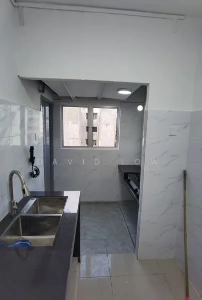 Kitchen features: double-bowl stainless-steel sink, chrome pull-down faucet, grey granite countertop, white tiled backsplash, white painted walls, marble tile flooring, floor-to-ceiling window, recessed ceiling lights, kitchen cabinetry, open layout to adjacent area; style: modern; view: city.
