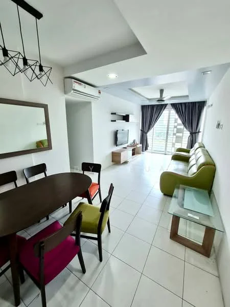 Living features: green leather sofa, 3-seater sofa, coffee table, TV console, wall-mounted TV, floor-to-ceiling windows, curtains, ceiling fan, recessed downlights, white painted walls, tile flooring, mirror on wall; style: modern; view: city. Dining features: round dining table, 4 dining chairs in various colors, open shelving, white painted walls, tile flooring; style: modern.