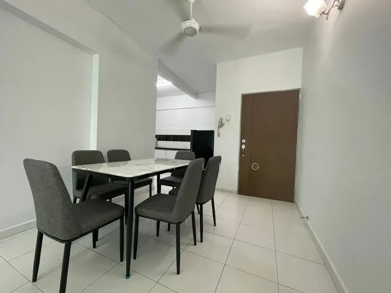 Dining features: 6-seater dining table with marble top, grey upholstered dining chairs, white painted walls, tile flooring, ceiling fan, door with handle, light fixture on wall, corner of kitchen visible; style: modern.