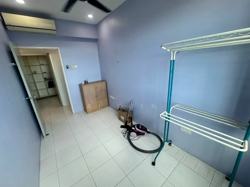 Room features: light blue painted walls, white tiled flooring, 1 wall-mounted split AC, ceiling fan, open shelving unit, wooden cabinet, vacuum cleaner, cleaning supplies.