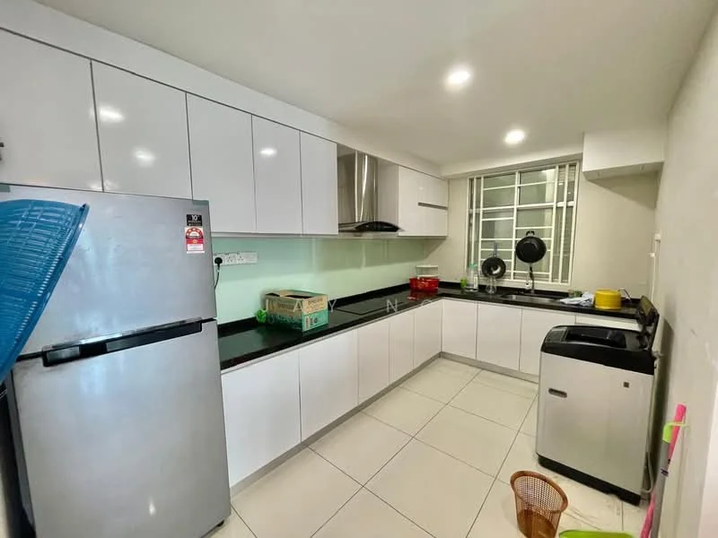Kitchen features: white flat-panel cabinets, black granite countertop, stainless-steel fridge, built-in oven, stainless-steel range hood, single-bowl stainless-steel sink, chrome pull-down faucet, ceramic tile flooring, recessed LED downlights, window with sheer curtains, washing machine, open shelving, plastic storage basket; style: modern.