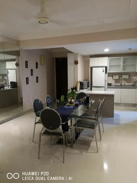 Dining features: glass dining table, 6 upholstered dining chairs, pendant light, mirror wall, cream painted walls, tile flooring, built-in kitchen cabinetry, stainless-steel fridge, kitchen countertop, kitchen sink, kitchen appliances visible; style: modern. Kitchen features: built-in kitchen cabinetry, stainless-steel fridge, kitchen countertop, kitchen sink, kitchen appliances visible; style: modern.