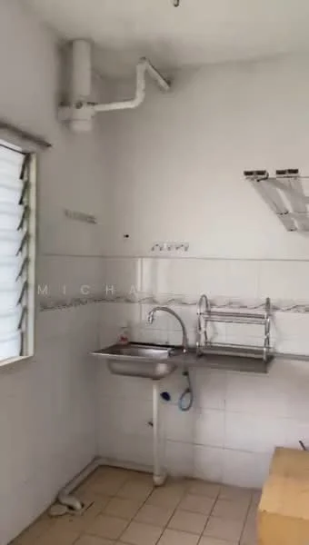 Kitchen features: single-bowl stainless-steel sink, chrome pull-down faucet, white tiled backsplash, white tiled walls, cream tiled flooring, metal shelving above sink, window with horizontal slats, exposed plumbing, countertop space, wall-mounted hooks.