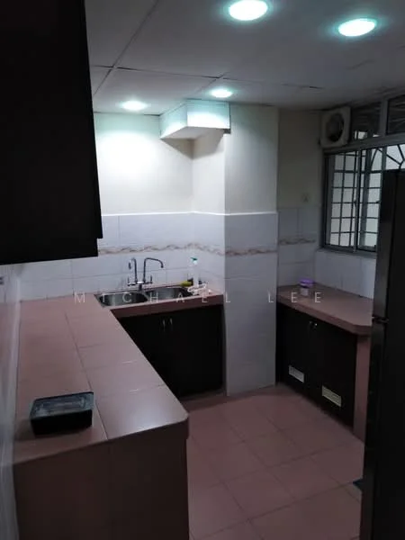 Kitchen features: single-bowl stainless-steel sink, chrome pull-down faucet, laminate countertop, dark wood cabinetry, ceramic tile backsplash, white tiled walls, pink tiled flooring, built-in refrigerator, window with metal grille, recessed ceiling lights.