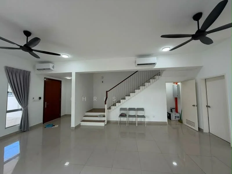Living features: white painted walls, polished ceramic tile flooring, 5-blade ceiling fan with light, 2 wall-mounted split AC units, staircase with white railing, large window with sheer curtains, recessed downlights, door leading to outdoor area, 3 metal chairs, decorative wall panel; style: modern.