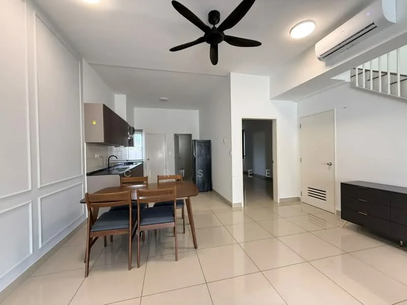 Living features: 5-blade ceiling fan in black, recessed LED downlights, wall-mounted split AC, white painted walls, cream tiled flooring, dining table with 4 wooden chairs, kitchenette with dark cabinetry, black countertop, stainless-steel sink, open layout, doorway leading to other rooms; style: modern.