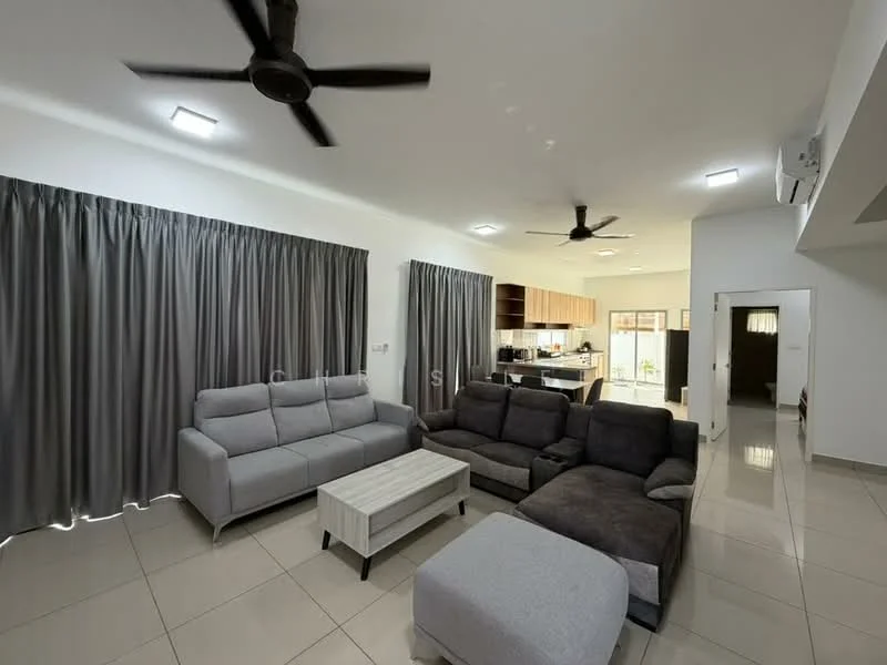 Living features: 3-seater fabric sofa in grey, L-shape sectional in dark brown, coffee table with white top, ceiling fan with 5 blades, recessed LED downlights, grey curtains, polished ceramic tile flooring, wall-mounted air conditioning unit; style: modern.