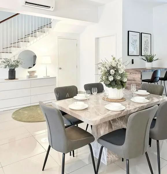 Dining features: marble dining table, 6 upholstered dining chairs in grey, decorative centerpiece with flowers, white walls, recessed downlights, large round mirror on wall, sideboard with drawers, open staircase in background, tile flooring, floor lamp, wall-mounted intercom; style: modern.