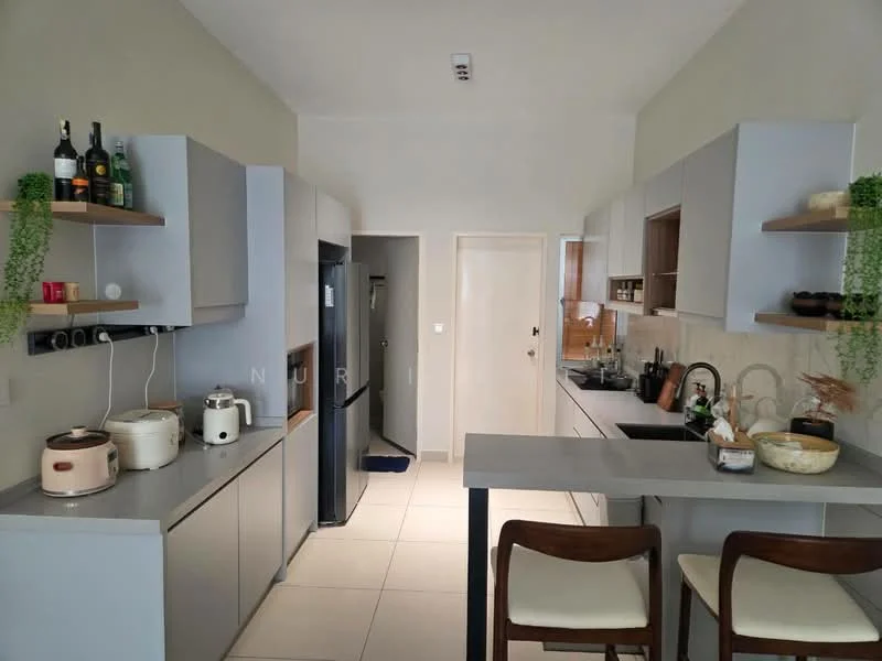 Kitchen features: grey cabinetry, open shelving, stainless-steel fridge, built-in oven, 4-burner gas hob, single-bowl stainless-steel sink, chrome pull-down faucet, grey countertop, white tiled backsplash, bar counter with two stools, wall-mounted cabinets, ceramic tile flooring, recessed downlights; style: modern.