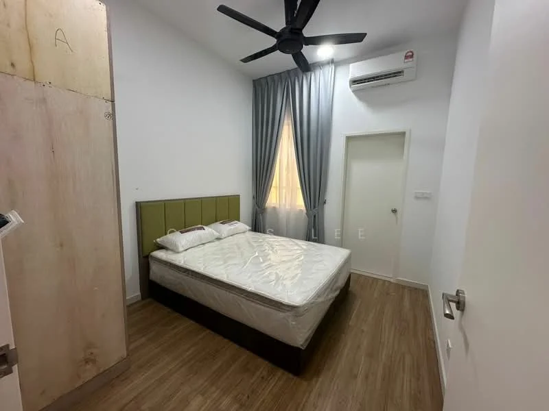 Bedroom features: queen-size bed with upholstered headboard, 2 bedside pillows, wooden flooring, white painted walls, ceiling fan, curtains, air conditioning unit, door to hallway, window with natural light, light switch; style: modern.