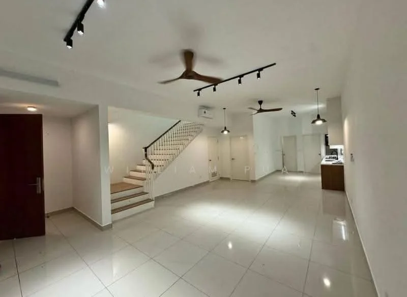 Living features: white painted walls, polished ceramic tile flooring, 5-blade ceiling fan with light, recessed LED downlights, staircase with wooden steps, open layout, wall-mounted air conditioning unit, kitchen area visible in background; style: modern.