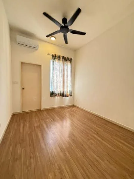Room features: light wood laminate flooring, white painted walls, ceiling fan, wall-mounted split AC, window with sheer curtains, door to adjacent room.
