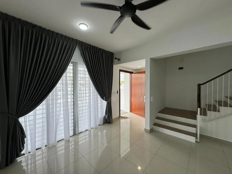 Living features: large floor-to-ceiling windows, grey curtains, white sheer curtains, white painted walls, polished ceramic tile flooring, 5-blade ceiling fan, recessed ceiling lights, staircase with white railing, wooden front door; style: modern.
