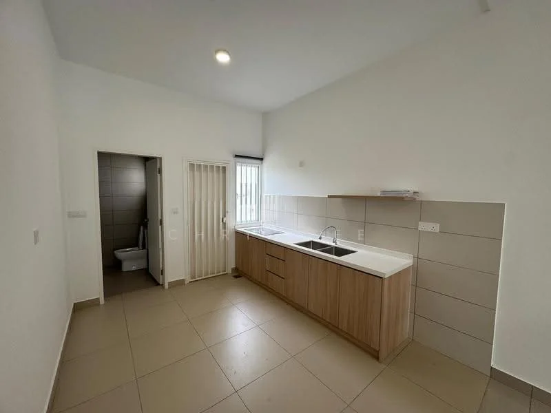 Kitchen features: white painted walls, light beige tiled flooring, laminate cabinetry in light wood finish, white countertop, double-bowl stainless-steel sink, chrome pull-down faucet, wall-mounted window with vertical blinds, open layout with adjacent doorway, tile backsplash, built-in appliances space; style: modern. Room features: white painted walls, light beige tiled flooring, toilet visible through doorway, glass door partition.
