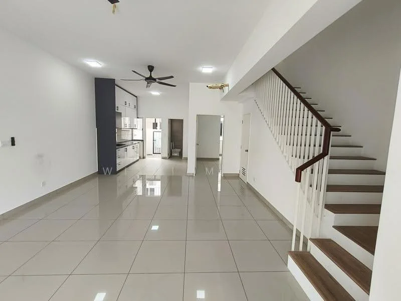 Living features: white painted walls, glossy beige tile flooring, 5-blade ceiling fan, recessed LED downlights, open-plan layout, large windows for natural light, staircase with wooden steps, wall-mounted intercom, kitchen area with cabinetry, neutral color scheme; style: modern.