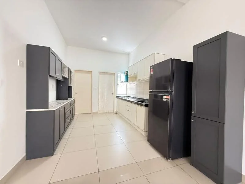 Kitchen features: grey cabinetry, white countertop, stainless-steel sink, chrome pull-down faucet, built-in oven, 4-burner gas hob, black fridge, ceramic tile flooring, white walls, recessed downlights, sliding door, open shelving; style: modern.