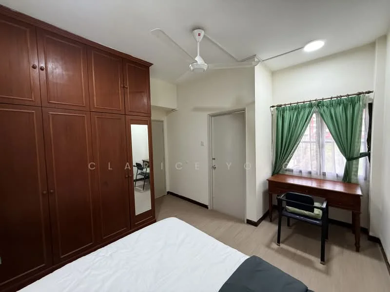 Bedroom features: wooden flooring, built-in wardrobe with mirrored door, single bed, study desk with chair, green curtains, ceiling fan, window with view, light fixture in ceiling.