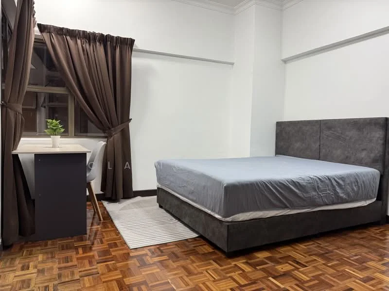 Bedroom features: queen-size bed, upholstered headboard, wooden flooring, white painted walls, curtains in dark brown, desk with chair, window with view, area rug with striped pattern; style: modern.