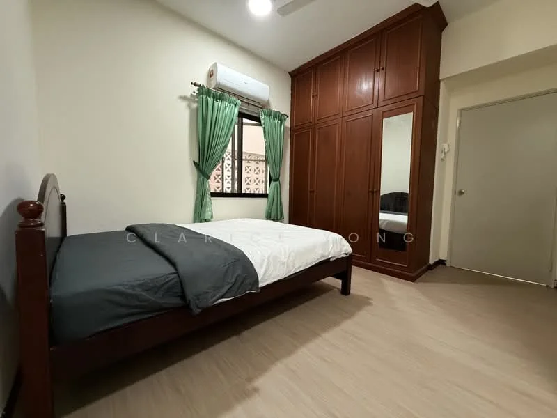 Bedroom features: single bed with dark wood frame, grey bedding, green curtains, built-in wardrobe with mirror, light wood flooring, wall-mounted air conditioning unit, white painted walls, ceiling fan.