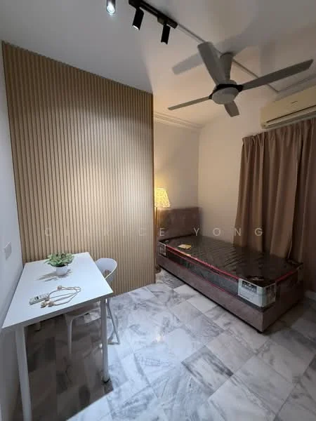 Bedroom features: queen-size bed, upholstered headboard, marble tile flooring, wood panel accent wall, ceiling fan, desk with chair, table lamp, curtains, air conditioning unit; style: modern.