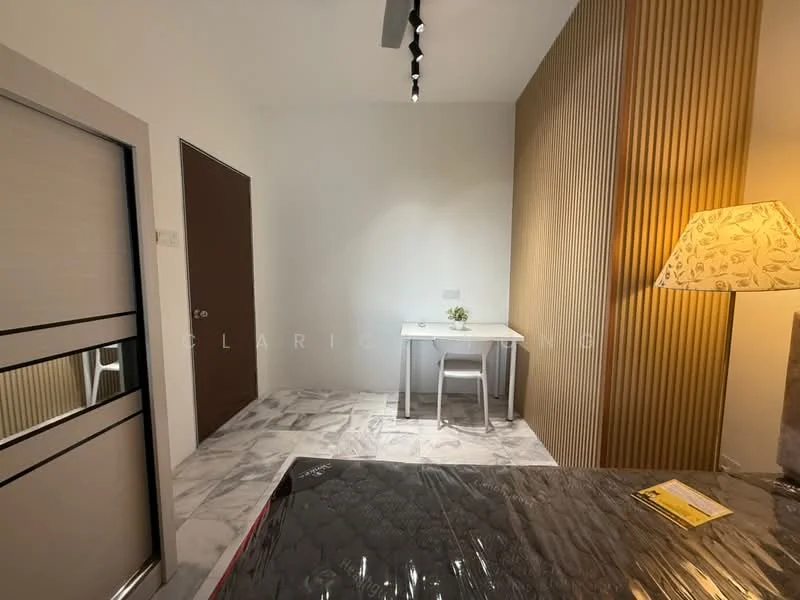 Bedroom features: white painted walls, wood panel accent wall, marble tile flooring, single bed with mattress, desk with chair, table lamp, recessed ceiling lights, window with blinds; style: modern.