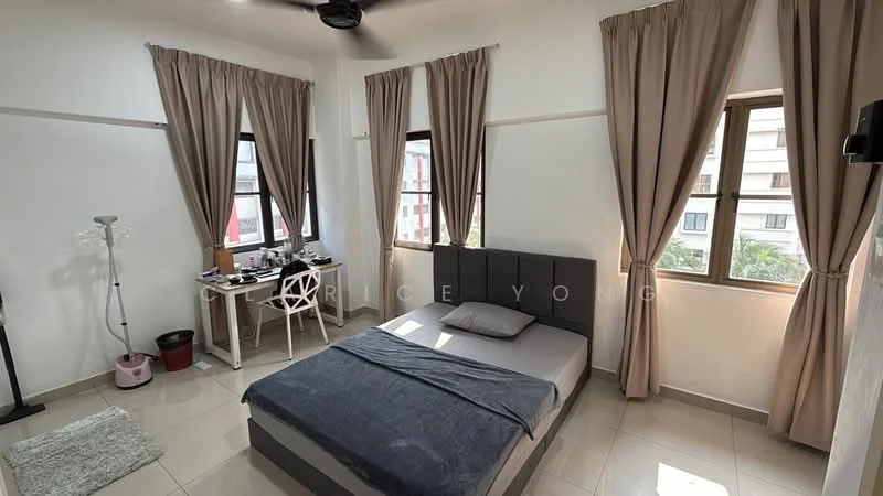 Bedroom features: queen-size bed with grey upholstered headboard, light grey bedspread, two windows with brown curtains, white painted walls, ceiling fan, desk with chair, table lamp, light-coloured floor tiles, area rug, decorative plant in pot; style: modern; view: garden.