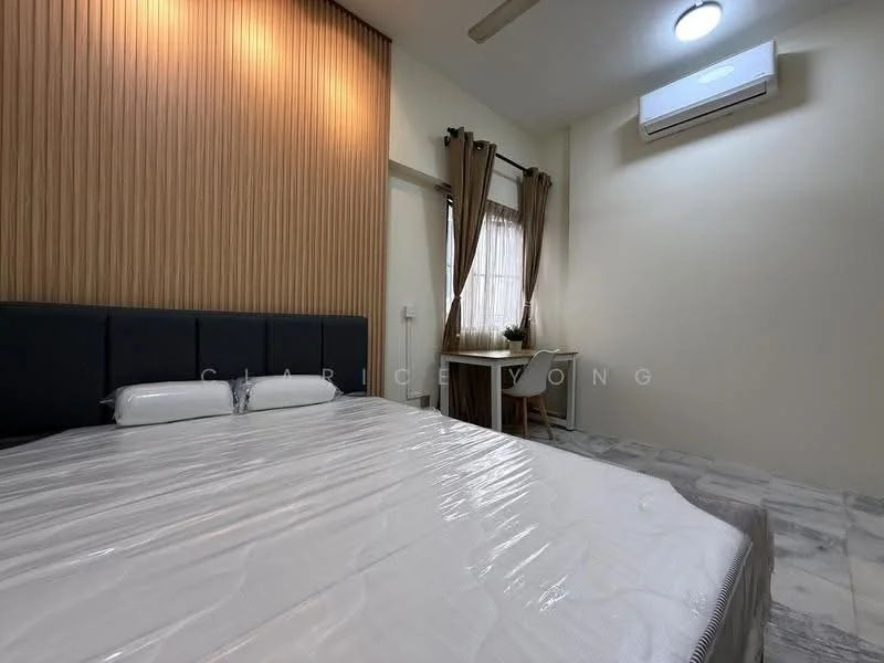 Bedroom features: king-size bed, upholstered headboard, wood panel accent wall, floor-to-ceiling window, sheer curtains, desk with chair, wall-mounted air conditioning unit, recessed ceiling light, marble tile flooring; style: modern.