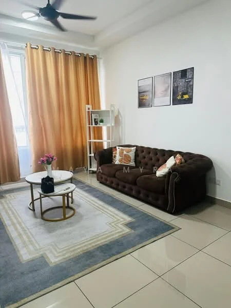 Living features: brown tufted fabric sofa, round coffee table with gold base, area rug with geometric pattern, floor-to-ceiling windows, sheer curtains, white painted walls, recessed downlights, ceiling fan, decorative wall art, potted plant; style: modern.