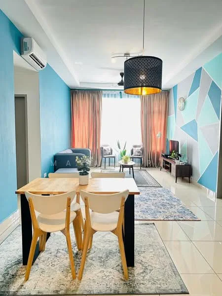 Living features: blue painted walls, geometric accent wall in multiple colors, white ceiling, 5-blade ceiling fan with light, large window with sheer curtains, light brown curtains, area rug with intricate pattern, wooden dining table with black legs, 2 white dining chairs, TV console, wall-mounted TV, decorative plants, coffee table, sofa chairs; style: modern; view: city.