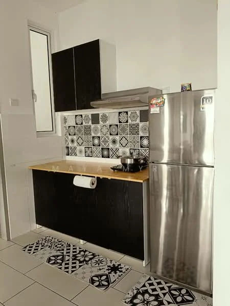 Kitchen features: black cabinetry, wood countertop, stainless-steel fridge, built-in stainless-steel range hood, black and white patterned backsplash, ceramic tile flooring, window above sink, kitchen towel holder, stainless-steel sink, cooking pot on stove; style: modern.