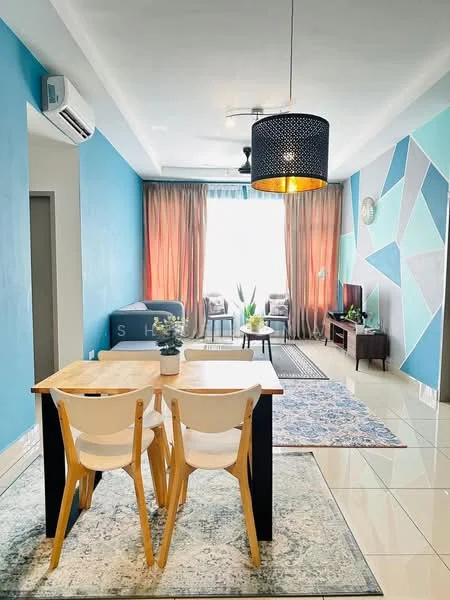Living features: blue painted walls, geometric accent wall, cream curtains, floor-to-ceiling windows, 3-blade ceiling fan with light, pendant lamp, sofa in dark blue, coffee table, TV console, area rug with intricate pattern, decorative plants, wall clock; style: modern. Dining features: 4-seater dining table, white chairs, wooden table, area rug, decorative plant; style: modern.