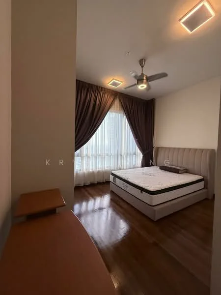 Bedroom features: queen-size bed, upholstered headboard, wooden flooring, 5-blade ceiling fan with light, floor-to-ceiling windows, sheer curtains, dark brown curtains, wooden bedside table; style: modern; view: city.
