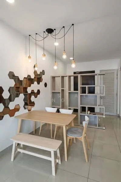 Dining features: wooden dining table, bench seating, upholstered dining chair, hexagonal wall decor, white painted walls, polished tile flooring, pendant lighting with exposed bulbs, open shelving unit; style: modern.