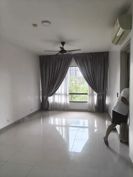 Living features: white painted walls, glossy porcelain tile flooring, 5-blade ceiling fan, floor-to-ceiling windows, sheer curtains, blackout curtains, air conditioning unit, natural light from window; style: modern; view: city.