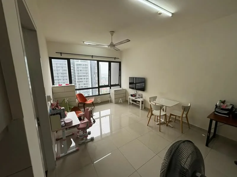 Living features: white painted walls, glossy tile flooring, 5-blade ceiling fan with light, floor-to-ceiling windows, TV mounted on wall, dining table with four chairs, study desk, pink study chair, white storage cabinets, decorative items on table; style: modern; view: city.