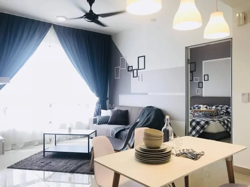 Living features: sofa in grey fabric, coffee table, area rug, 5-blade ceiling fan with light, floor-to-ceiling windows with sheer curtains, decorative wall frames, mirrored wardrobe, dining table with white surface, stack of plates, glass bottle, cutlery, bed visible in background with checkered bedding; style: modern; view: city.