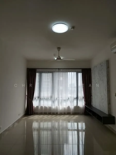 Living features: glossy tile flooring, white painted walls, recessed ceiling light, 5-blade ceiling fan, floor-to-ceiling windows, sheer curtains, dark wood feature wall, built-in wall shelf; style: modern; view: city.