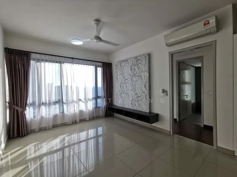 Living features: large floor-to-ceiling windows, sheer curtains, dark wood feature wall, white textured wall, glossy ceramic tile flooring, ceiling fan, wall-mounted air conditioning unit, built-in TV console, recessed lighting, neutral wall color, natural light from windows; style: modern; view: city.