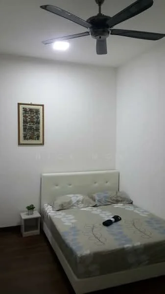 Bedroom features: queen-size bed with upholstered headboard, bedding with floral pattern, nightstand with drawer, decorative plant on nightstand, framed artwork on wall, wooden flooring, ceiling fan with light, white painted walls, recessed ceiling light; style: modern.