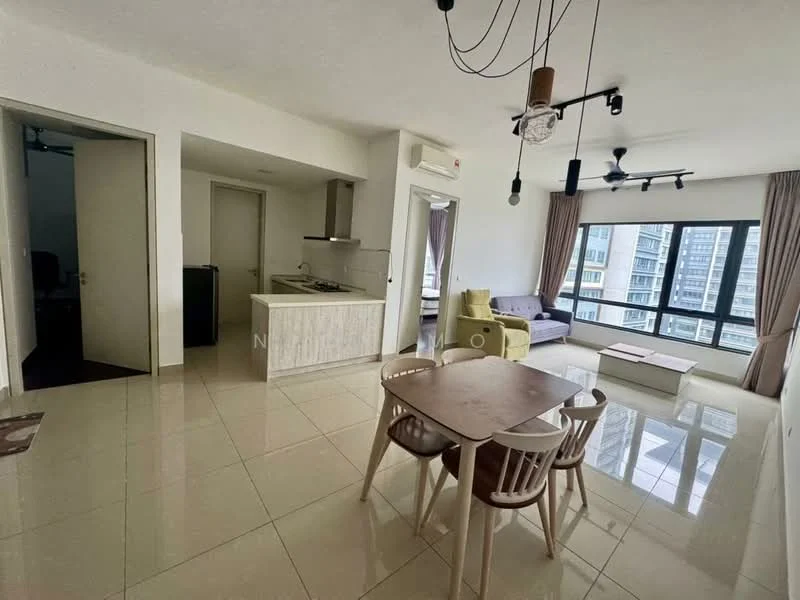 Living features: large floor-to-ceiling windows, grey fabric sofa, wooden coffee table, dining table with four chairs, recessed downlights, ceiling fan, air conditioning unit, cream painted walls, glossy tile flooring, curtains, open kitchen layout; style: modern; view: city. Kitchen features: stainless-steel sink, built-in stove, kitchen cabinetry, countertop, refrigerator; style: modern. Room features: doorway leading to another room.