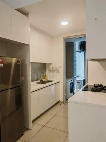 Kitchen features: white flat-panel cabinets, stainless-steel fridge, white quartz countertop, grey tile backsplash, 4-burner gas hob, built-in oven, single-bowl stainless-steel sink, chrome pull-down faucet, recessed downlights, tile flooring, open shelving, laundry area visible in background; style: modern.
