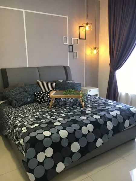 Bedroom features: king-size bed with grey upholstered headboard, polka dot bedding in black, white, and grey, decorative cushions in various patterns, bedside table in white, table tray with greenery, floor-to-ceiling window with sheer curtains, dark curtain drapes, hanging pendant lights, accent wall with geometric design, tile flooring in light colour; style: modern.