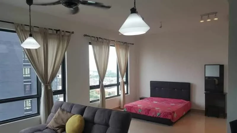 Bedroom features: king-size bed with pink floral bedding, grey fabric sofa, yellow decorative pillow, floor-to-ceiling windows, sheer curtains, black bedside table, pendant light fixture, ceiling fan, light-colored walls, tile flooring; style: modern; view: city.