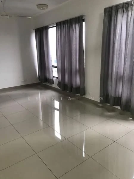Room features: grey sheer curtains, large windows, glossy tile flooring, white painted walls, ceiling light fixture, corner location with natural light; style: modern; view: city.