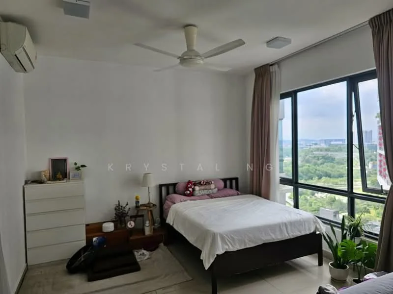 Bedroom features: queen-size bed with white bedding, wooden bed frame, 2 bedside tables, white dresser with 4 drawers, floor-to-ceiling windows, sheer curtains, 5-blade ceiling fan, wall-mounted split AC, decorative plants, wooden accent shelf, neutral painted walls, tile flooring; style: modern; view: garden.