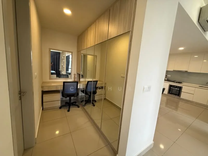 Room features: white painted walls, mirror wardrobe with sliding doors, built-in desk with drawers, two office chairs, tile flooring, recessed downlights, doorway leading to another room, kitchen visible in background; style: modern.