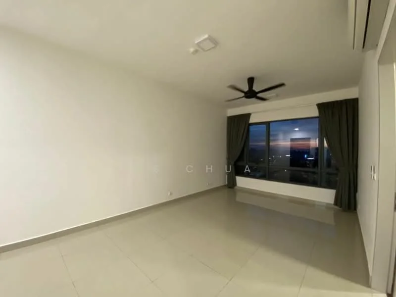 Living features: white painted walls, grey tiled flooring, 5-blade ceiling fan, floor-to-ceiling windows, curtains in dark green, air conditioning unit, neutral color scheme, city skyline view; style: modern; view: city.
