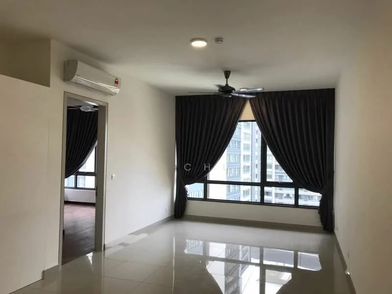 Living features: white painted walls, glossy tile flooring, 5-blade ceiling fan with light, floor-to-ceiling windows, blackout curtains, city view; style: modern; view: city.