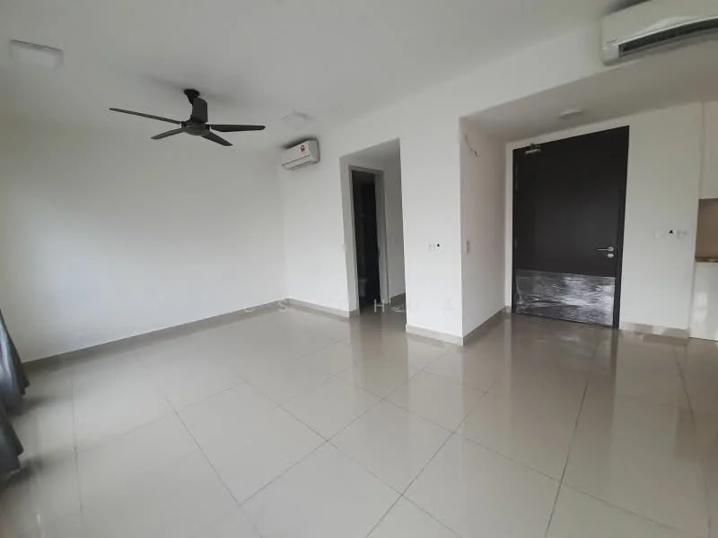 Living features: white painted walls, tile flooring, 5-blade ceiling fan, 1 wall-mounted split AC, large window, curtains, doorway to hallway, neutral color scheme; style: modern.