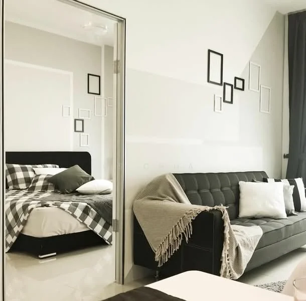 Bedroom features: queen-size bed with checkered bedding, black upholstered bed frame, mirrored wardrobe, grey throw blanket, white decorative pillows, sofa in black upholstery, white walls, tile flooring, decorative wall frames, floor-to-ceiling window with grey curtains; style: modern.